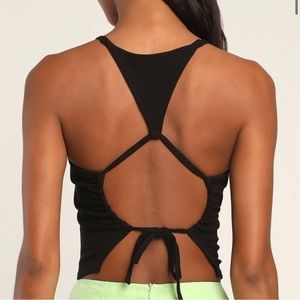 Lulu’s Back in Town Black Ribbed Knit Backless Drawstring Tank Top